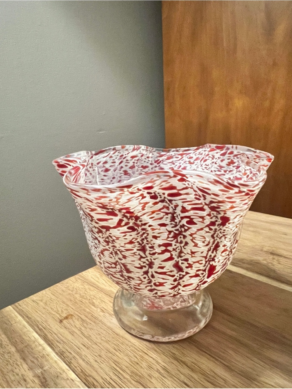 Studio Handblown Art Glass Flutter Vase - Cranberry & White “End of Day” design